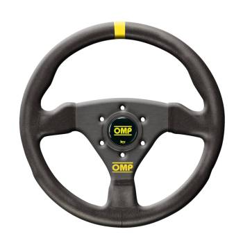 OMP Racing - OMP Trecento Steering Wheel - 11-3/4" Diameter - 3 Spoke - Flat - Black Leather Grip - Yellow Stripe - Aluminum - Black Anodize
