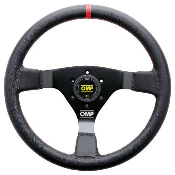 OMP Racing - OMP WRC Steering Wheel - 350 mm Diameter - 3-Spoke - Leather Grip - Red Stripe - Black Anodize