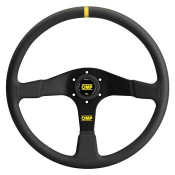 OMP Racing - OMP Velocita Steering Wheel - 15" Diameter - 3 Spoke - Flat - Black Leather Grip - Yellow Stripe - Aluminum - Black Anodize