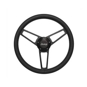 Grant Products - Grant Billet Series Steering Wheel -14-3/4" Diameter - 3 Spoke - Black Leather Grip - Jeep Logo - Billet Aluminum - Black Anodized
