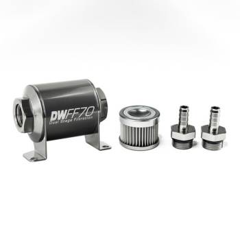 DeatschWerks - DeatschWerks Fuel Filter - 10 Micron - Stainless Element - 3/8" Male Hose Barb Inlet - 3/8" Male Hose Barb Outlet - 70 mm Long - Titanium