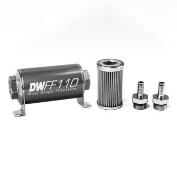 DeatschWerks - DeatschWerks Fuel Filter - 100 Micron - Stainless Element - 3/8" Male Hose Barb Inlet - 3/8" Male Hose Barb Outlet - 110 mm Long - Titanium