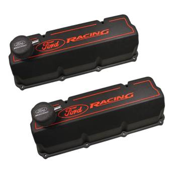 Ford Racing - Ford Racing Tall Valve Cover - Baffled - Breather Hole - Oil Fill Cap - Ford Racing Logo - Aluminum - Black - Small Block Ford - (Pair)