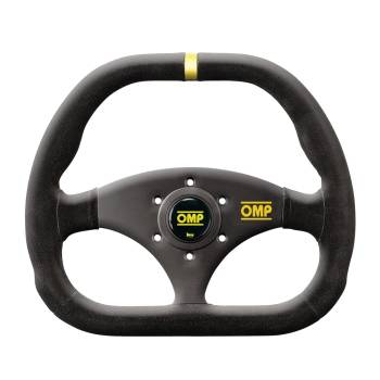 OMP Racing - OMP Kubik Steering Wheels - 310 x 265 mm Diameter - 3 Spoke - Flat - Suede Leather Grip - Yellow Stripe - Aluminum - Black