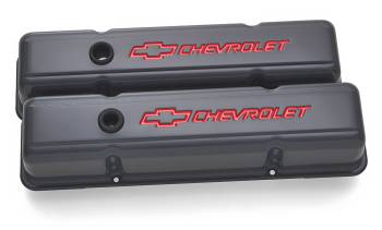 Proform Parts - Proform Tall Valve Cover - Baffled - Breather Hole - Chevrolet Bowtie Logo - Steel - Gray - Small Block Chevy - (Pair)