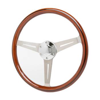 Racing Power - Racing Power Steering Wheel - 3 Spoke - Smooth Grip - Wood Grip - Stainless - Brushed