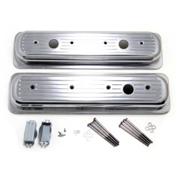 Trans-Dapt Performance - Trans-Dapt Valve Cover - Breather Holes - Grommets/Hardware Included - Ball Milled - Aluminum - Polished - Center Bolt - Small Block Chevy - (Pair)