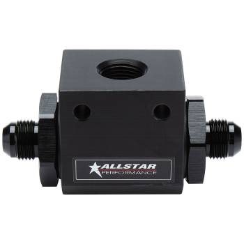 Allstar Performance - Allstar Performance Temperature Manifold - 8 AN Male Inlet - 8 AN Male Outlet - 1/2 in NPT Female Port - 1/4 in Mounting Holes - Black
