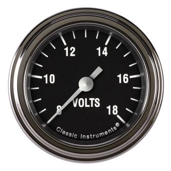Classic Instruments - Classic Instruments Hot Rod Voltmeter Gauge - 8-18 Volts - Full Sweep - 2-1/8 in Diameter - Low Step Stainless Bezel - Black Face