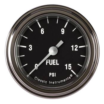 Classic Instruments - Classic Instruments Hot Rod Fuel Pressure Gauge - 0-15 psi - Full Sweep - 2-1/8 in Diameter - Low Step Stainless Bezel - Black Face
