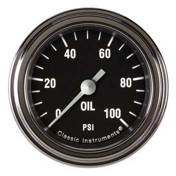 Classic Instruments - Classic Instruments Hot Rod Oil Pressure Gauge - 0-100 psi - Full Sweep - 2-1/8 in Diameter - Low Step Stainless Bezel - Black Face