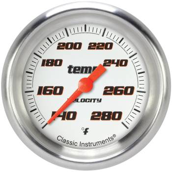 Classic Instruments - Classic Instruments Velocity Water Temp Gauge - 140-280 Degrees F - Full Sweep - 2-5/8 in Diameter - Aluminum Bezel - Flat Lens - White Face