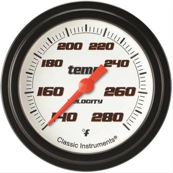 Classic Instruments - Classic Instruments Velocity Water Temp Gauge - 140-280 Degrees F - Full Sweep - 2-5/8 in Diameter - Black Bezel - Flat Lens - White Face