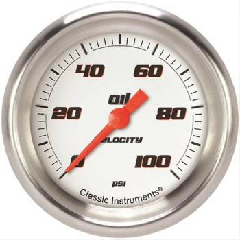 Classic Instruments - Classic Instruments Velocity Oil Pressure Gauge - 0-100 psi - Full Sweep - 2-5/8 in Diameter - Aluminum Bezel - White Face