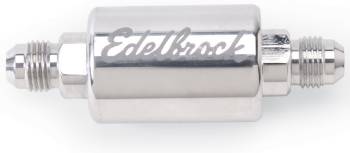 Edelbrock - Edelbrock High Flow In-Line Fuel Filter - 40 Micron - Stainless Element - 6 AN Male Inlet - 6 AN Male Outlet - Polished