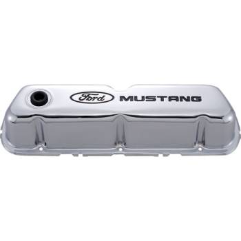 Ford Racing - Ford Racing Tall Valve Cover - Baffled - Breather Hole - Ford Mustang Logo - Chrome - Small Block Ford (Pair)