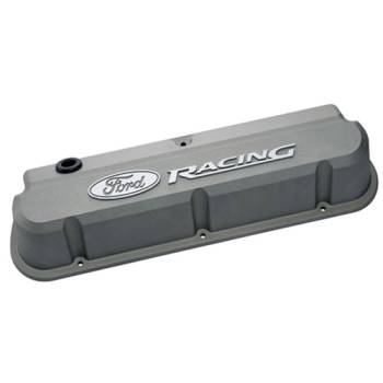 Ford Racing - Ford Racing Slant-Edge Tall Valve Cover - Baffled - Breather Hole - Raised Ford Racing Logo - Gray Crinkle - Small Block Ford (Pair)