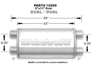 Magnaflow Performance Exhaust - Magnaflow Muffler - 3 in Dual Inlet - 3 in Dual Outlet - 22 x 11 x 5 in Oval Body - 28 in Long - Stainless - Satin