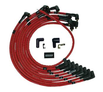 Moroso Performance Products - Moroso Ultra Spiral Core Spark Plug Wire Set - 8 mm - Sleeved - Red - 90 Degree Plug Boots - Socket Style - Over The Valve Cover - Small Block Chevy