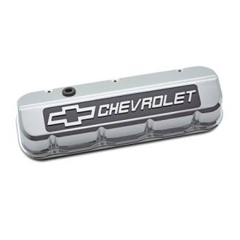 Proform Parts - Proform Slant-Edge Tall Valve Cover - Baffled - Breather Hole - Blackfield Chevrolet Logo - Chrome - Big Block Chevy (Pair)