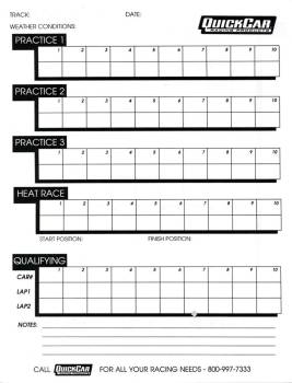 QuickCar Racing Products - QuickCar Time Organizer Chart - 100 Lap - 50 Sheet in a Pad