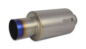 Vibrant Performance - Vibrant Performance Titanium Muffler - 3 in Inlet - 4 in Outlet - 6.25 in Diameter Round Body - 17 in Long - Burnt Edge - Titanium