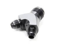 Distribution and Y-Block Adapters - Male AN Flare Y-Block Adapters - Vibrant Performance - Vibrant Performance Y Block Fitting 12 AN Male Inlet Dual 8 AN Male Outlets Aluminum - Black Anodize