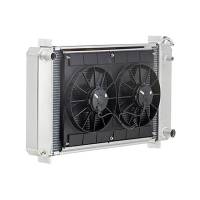 Be Cool Aluminum Radiator and Fan - 33" W x 19" H x 2" D - Driver Side Inlet - Passenger Side Outlet - Natural - Manual - GM A-Body 1968-77