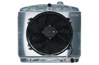Cold-Case Aluminum Radiator and Fan - 23.5" W x 23.5" H x 3" D - Center Inlet - Passenger Side Outlet - Polished - Chevy V8 - Chevy Fullsize Car 1955-57