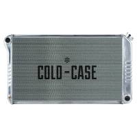 Cold-Case Aluminum Radiator - 34.75" W x 18.75" H x 3" D - Driver Side Inlet - Passenger Side Outlet - Polished - Manual - GM A-Body 1968-77