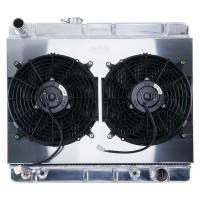 Cold-Case Aluminum Radiator and Fan - 25.25" W x 20.125" H x 3" D - Driver Side Inlet - Passenger Side Outlet - Without Air Conditioning - Polished - Automatic - GM A-Body 1966-67
