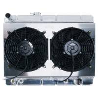 Cold-Case Aluminum Radiator and Fan - 25.125" W x 21.875" H x 3" D - Driver Side Inlet - Passenger Side Outlet - With Air Conditioning - Polished - Automatic - GM A-Body 1966-67