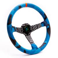 MPI Vaughn Gittin Jr. Drift Steering Wheel - 13.75" Diameter - 3 Spoke - 2.36" Dish - Blue Suede Grip - Orange Stripe - Center Cap - Aluminum - Black/White