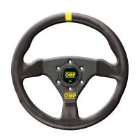 OMP Trecento Steering Wheel - 11-3/4" Diameter - 3 Spoke - Flat - Black Leather Grip - Yellow Stripe - Aluminum - Black Anodize