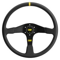OMP Velocita Steering Wheel - 15" Diameter - 3 Spoke - Flat - Black Leather Grip - Yellow Stripe - Aluminum - Black Anodize