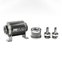 DeatschWerks Fuel Filter - 10 Micron - Stainless Element - 3/8" Male Hose Barb Inlet - 3/8" Male Hose Barb Outlet - 70 mm Long - Titanium