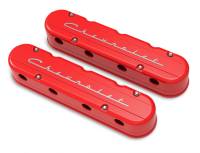 Holley Stock Height Valve Cover - Chevrolet Script - Aluminum - Red - GM LS-Series - (Pair)