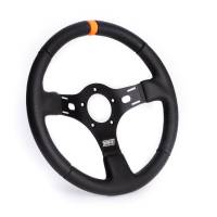 MPI Steering Wheel - 3-Spoke - 5-Bolt - Black Rubberized Grip - Orange Stripe - Aluminum - Black
