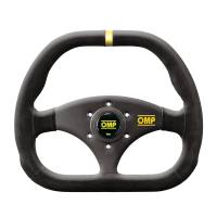 OMP Kubik Steering Wheels - 310 x 265 mm Diameter - 3 Spoke - Flat - Suede Leather Grip - Yellow Stripe - Aluminum - Black
