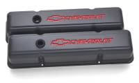 Proform Tall Valve Cover - Baffled - Breather Hole - Chevrolet Bowtie Logo - Steel - Gray - Small Block Chevy - (Pair)