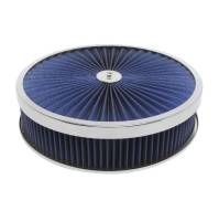 Air Cleaners, Filters, Intakes and Components - Air Cleaner Assemblies and Air Intake Kits - Racing Power - Racing Power Super Flow Air Cleaner Assembly - 14" Diameter - 3" Tall - 5-1/8" Carb Flange - Drop Base - Blue Reusable Cotton - Steel - Chrome