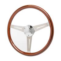 Racing Power Steering Wheel - 3 Spoke - Smooth Grip - Wood Grip - Stainless - Brushed