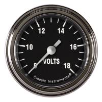 Classic Instruments Hot Rod Voltmeter Gauge - 8-18 Volts - Full Sweep - 2-1/8 in Diameter - Low Step Stainless Bezel - Black Face