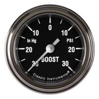 Classic Instruments Hot Rod Boost Gauge - 0-30 psi - 5 psi Increment - Full Sweep - 2-1/8 in Diameter - Low Step Stainless Bezel - Black Face