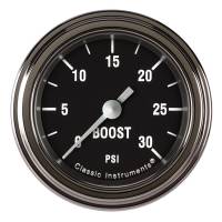 Classic Instruments Hot Rod Boost Gauge - 0-30 psi - 2.5 psi Increment - Full Sweep - 2-1/8 in Diameter - Low Step Stainless Bezel - Black Face