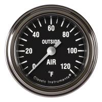 Classic Instruments Hot Rod Outside Air Temp Gauge - 0-120 Degrees F - Full Sweep - 2-1/8 in Diameter - Low Step Stainless Bezel - Black Face