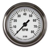 Classic Instruments White Hot Tachometer - 0-8000 RPM - Full Sweep - 2-1/8 in Diameter - Low Step Stainless Bezel - White Face