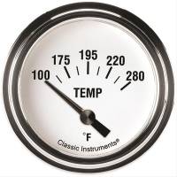 Classic Instruments White Hot Water Temp Gauge - 100-280 Degrees F - Short Sweep - 2-5/8 in Diameter - Low Step Stainless Bezel - White Face