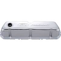 Ford Racing Stock Height Valve Cover - Baffled - Breather Hole - Ford Racing Logo - Chrome - Small Block Ford (Pair)