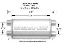 Magnaflow Muffler - 3 in Dual Inlet - 3 in Dual Outlet - 22 x 11 x 5 in Oval Body - 28 in Long - Stainless - Satin